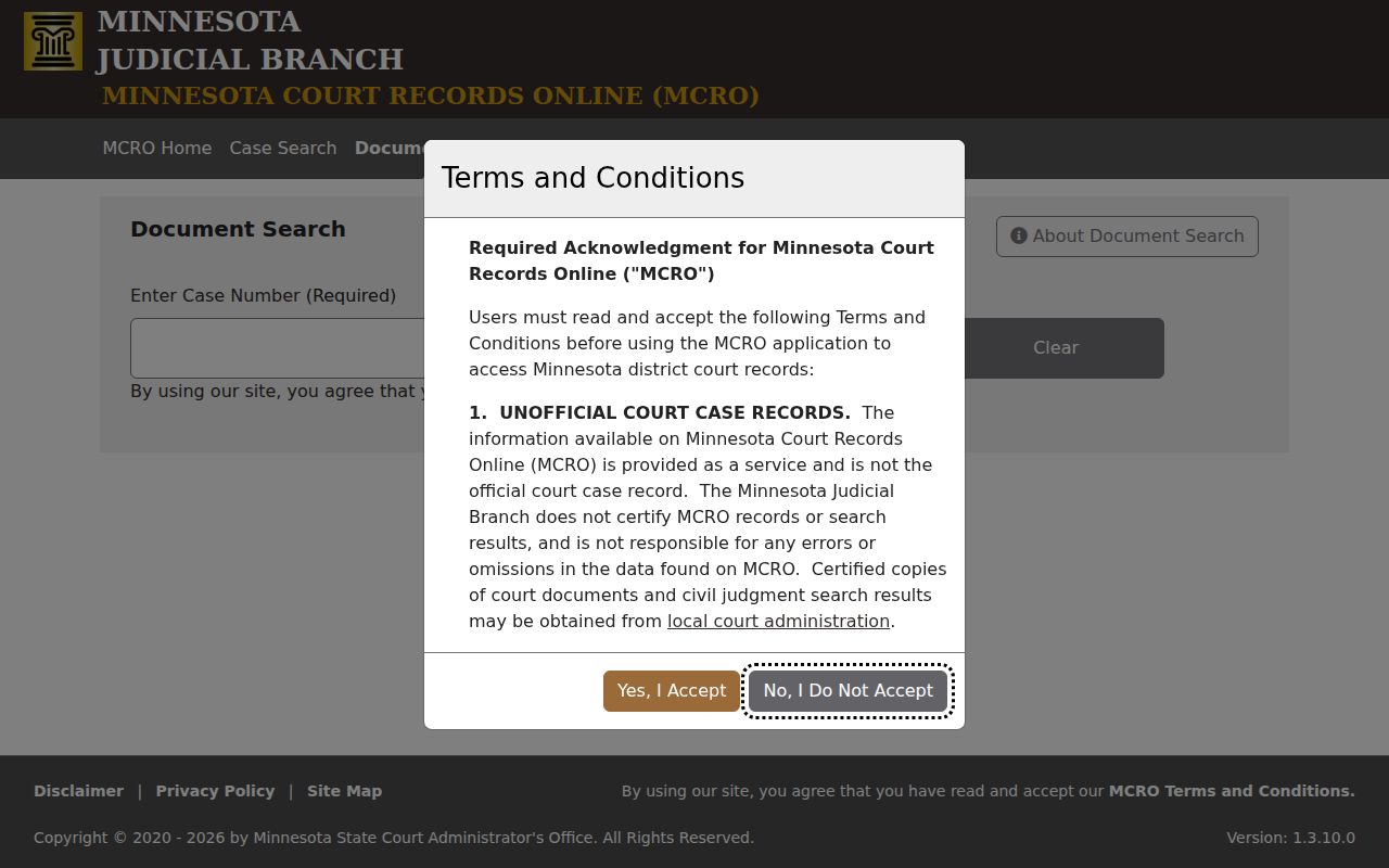 Red Lake County warrant lookup document search form with a case number field