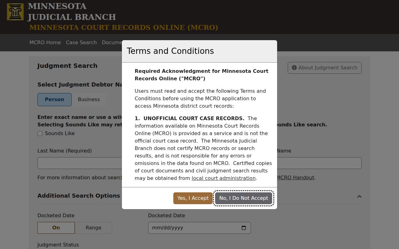 Red Lake County warrant lookup judgment search interface with a debtor name field