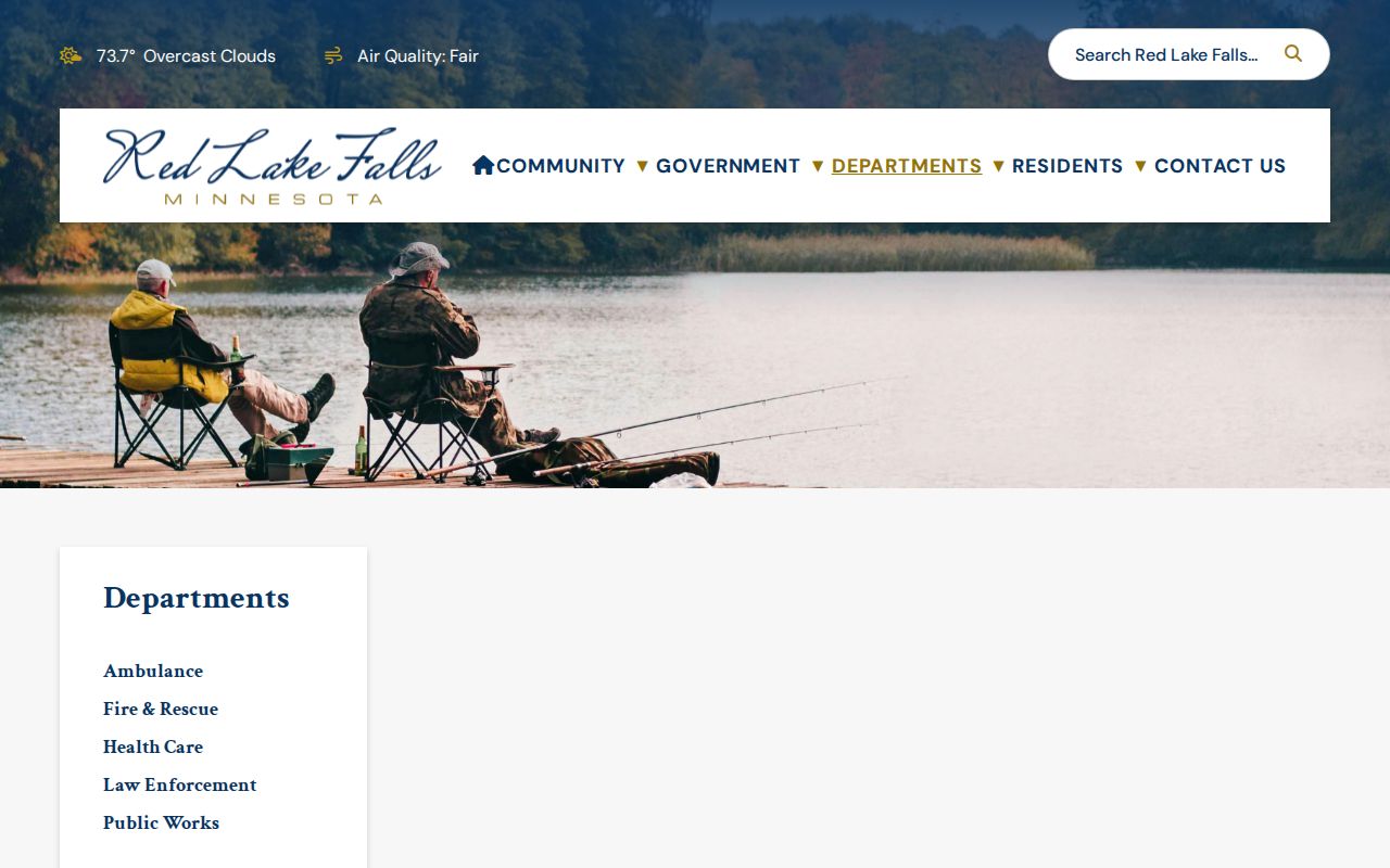 Red Lake Falls warrant search city departments page showing law enforcement routes to the county sheriff